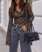 Women's leopard print sheer mesh v-neck long sleeve top
