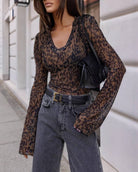 Women's leopard print sheer mesh v-neck long sleeve top - photo 2