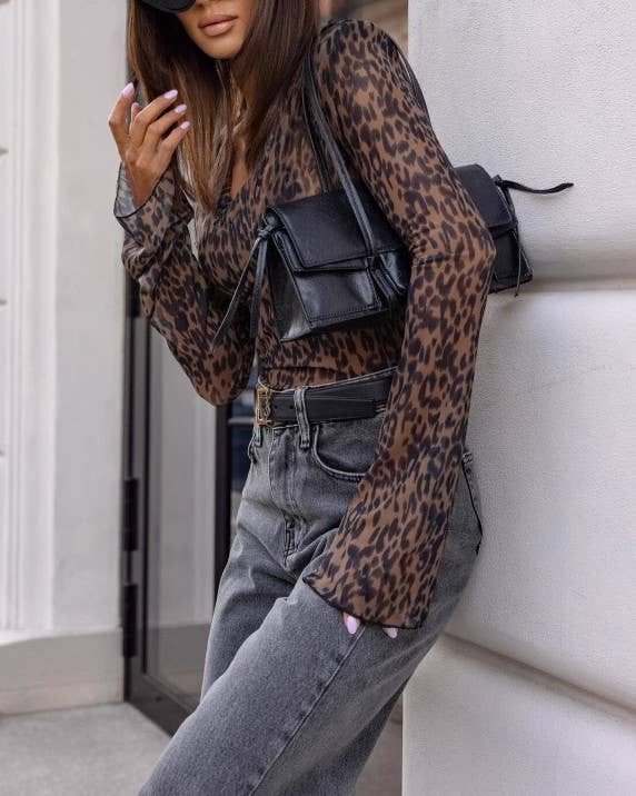 Women's leopard print sheer mesh v-neck long sleeve top - photo 3