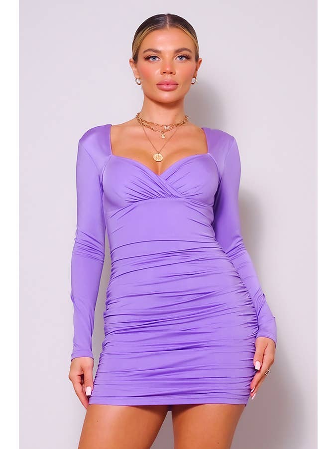 Women's Lilac Ruched Long-Sleeve Tie-Back Mini Dress - view 2