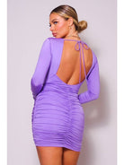 Women's Lilac Ruched Long-Sleeve Tie-Back Mini Dress - view 4