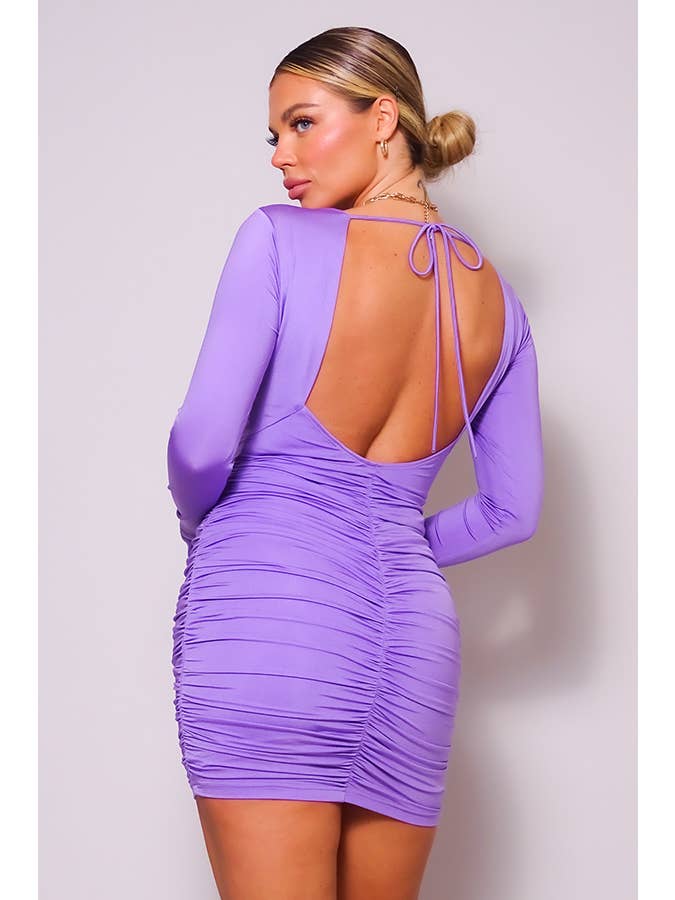 Women's Lilac Ruched Long-Sleeve Tie-Back Mini Dress - view 4
