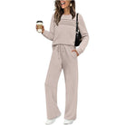 Women's apricot long sleeve crewneck top and wide-leg pant lounge set