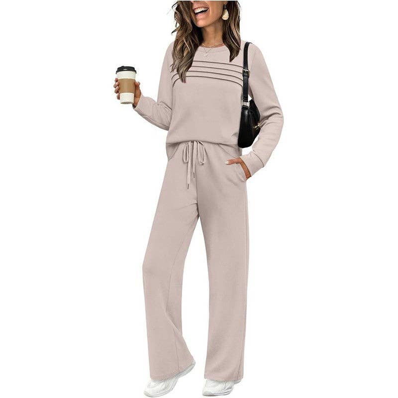 Women's apricot long sleeve crewneck top and wide-leg pant lounge set