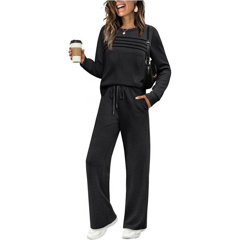 Women's apricot long sleeve crewneck top and wide-leg pant lounge set – alternate view