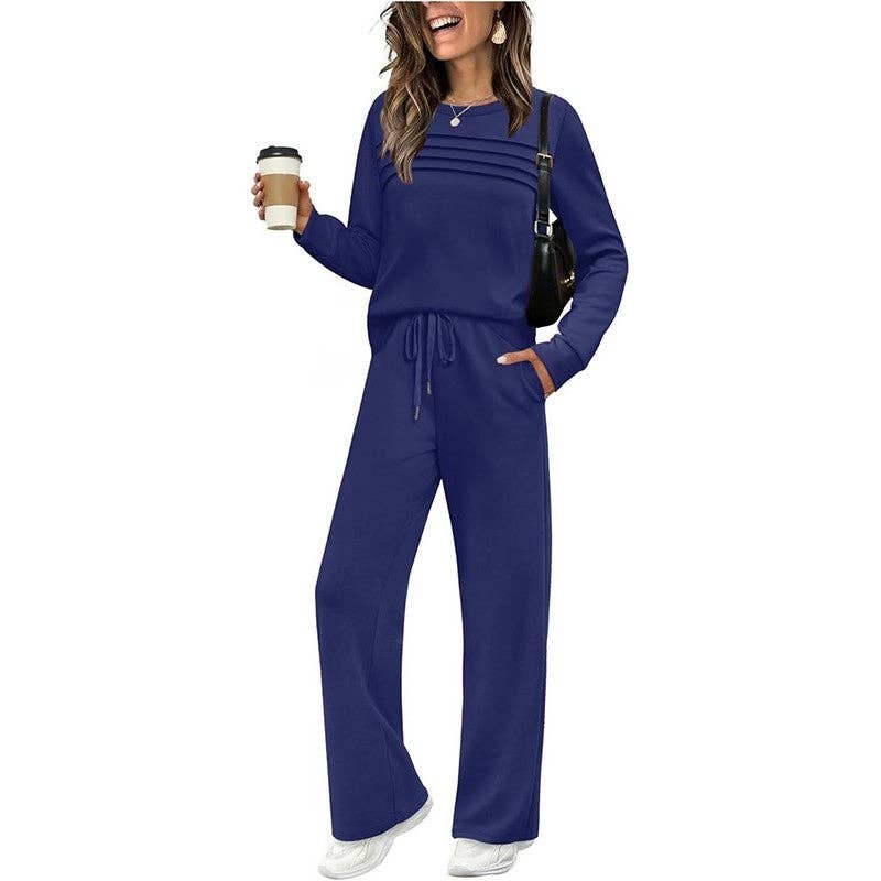 Women's apricot long sleeve crewneck top and wide-leg pant lounge set – styled view