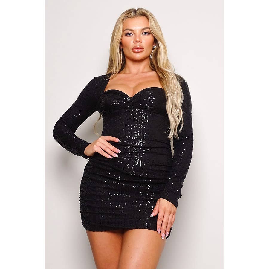 Women's black long sleeve open back sequin bodycon mini dress