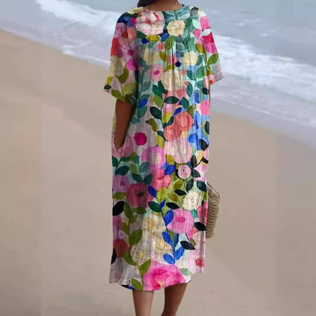Women's red loose fit boho floral linen-look maxi dress