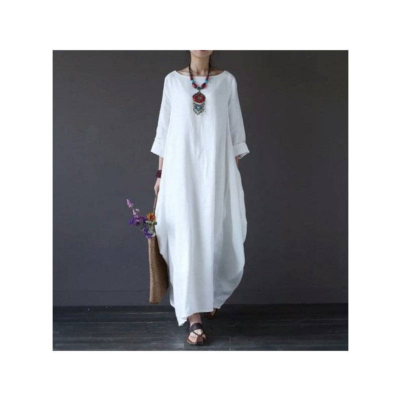 Women's white loose fit cotton linen maxi dress