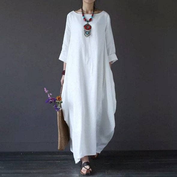 Women's white loose fit cotton linen maxi dress – alternate view