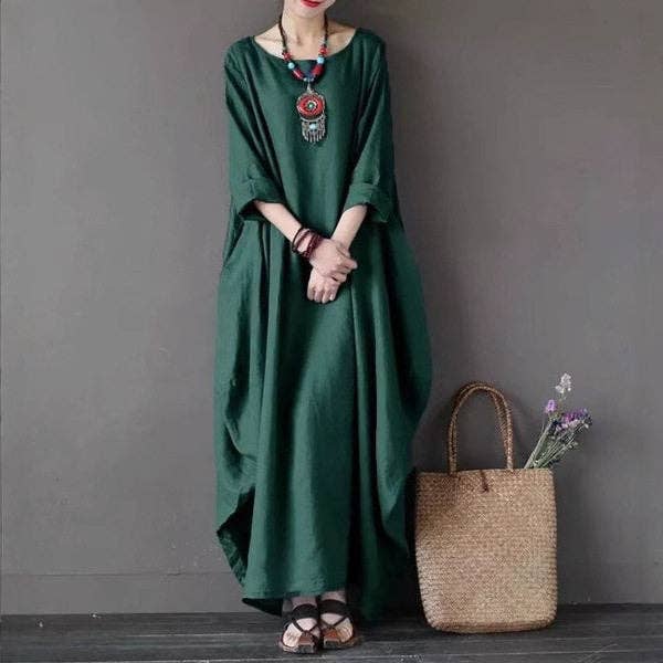 Women's white loose fit cotton linen maxi dress – styled view