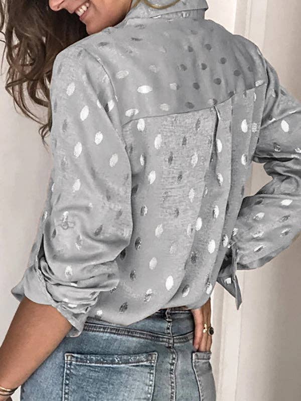 Women's metallic foil button-up lapel shirt in silver or champagne – detail view