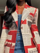 Women's newspaper print oversized pocket blazer in red or white – alternate view