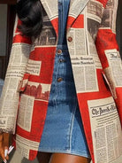 Women's newspaper print oversized pocket blazer in red or white – detail view