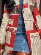 Women's newspaper print oversized pocket blazer in red or white – styled view