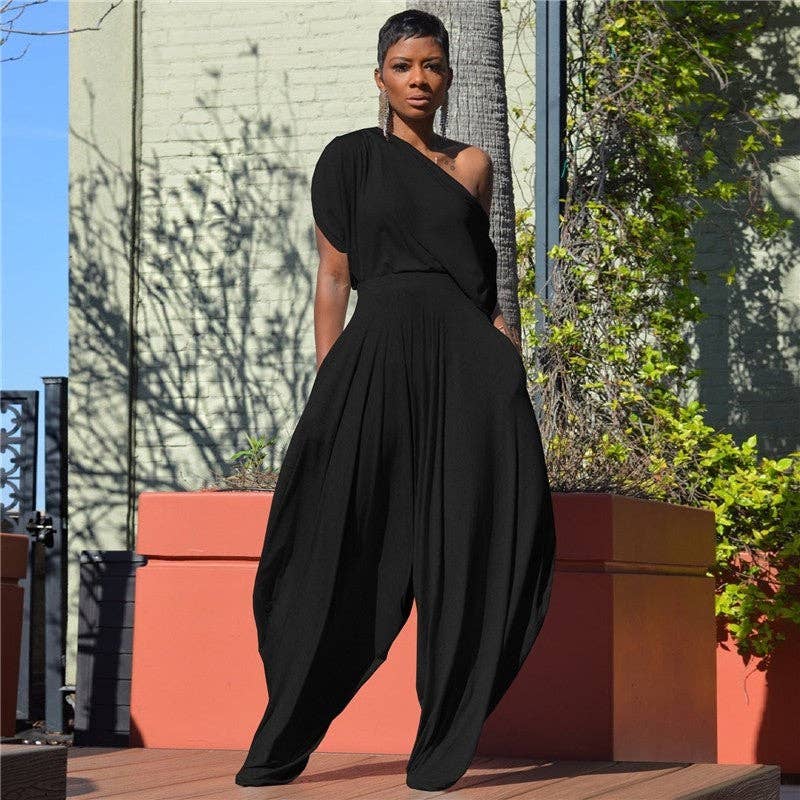 Women's off-shoulder harem jumpsuit in black, gray or red – front view