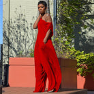 Women's off-shoulder harem jumpsuit in black, gray or red – detail view