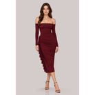 Women's burgundy off-shoulder ruched long sleeve midi dress