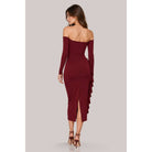 Women's burgundy off-shoulder ruched long sleeve midi dress – view 3