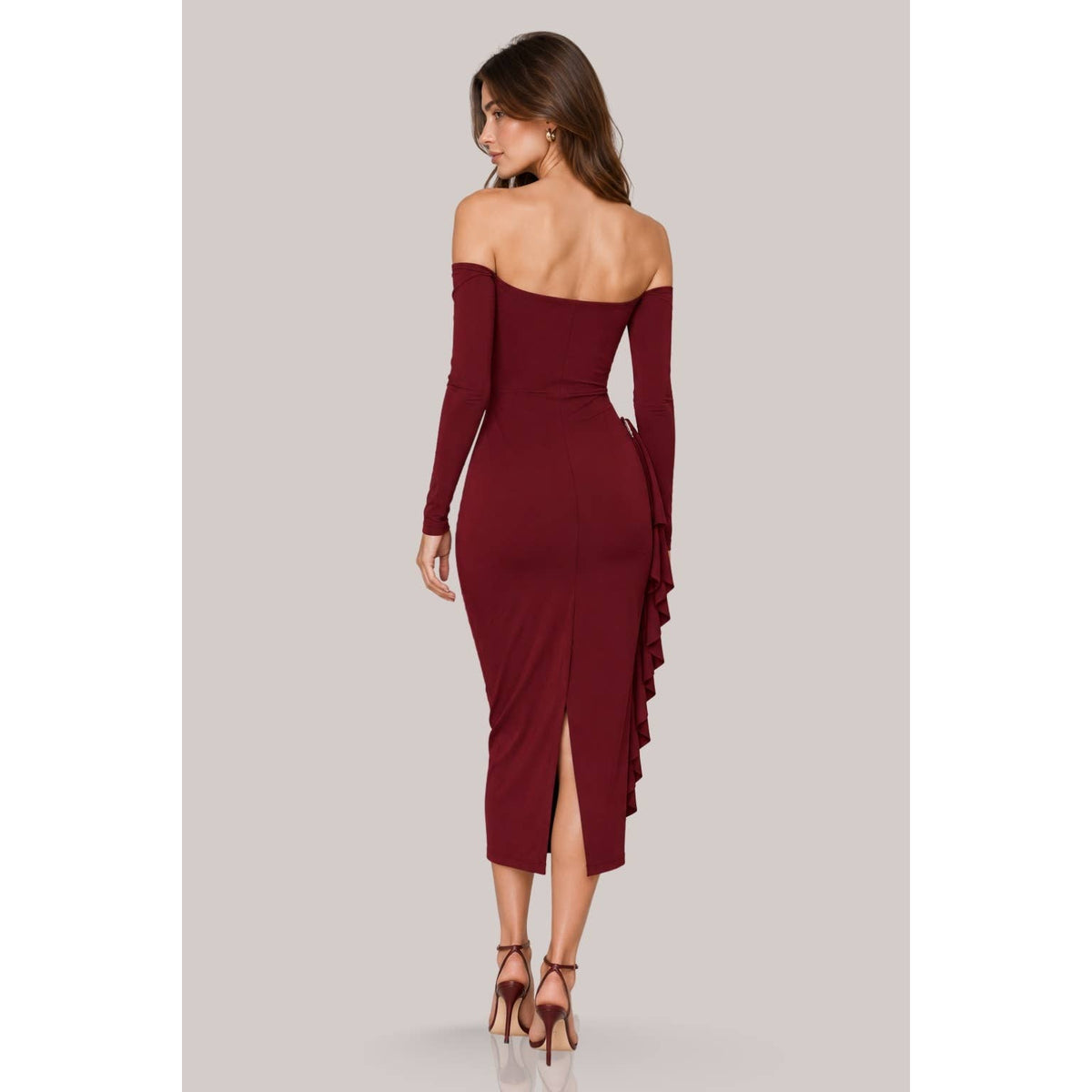 Women's burgundy off-shoulder ruched long sleeve midi dress – view 3
