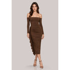 Women's burgundy off-shoulder ruched long sleeve midi dress – view 4