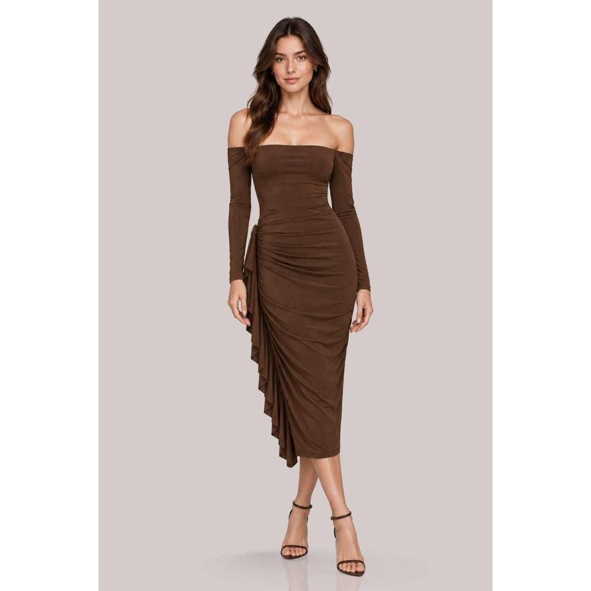 Women's burgundy off-shoulder ruched long sleeve midi dress – view 4