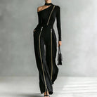 Women's black off-shoulder top and double-zip pleated pant set – view 2