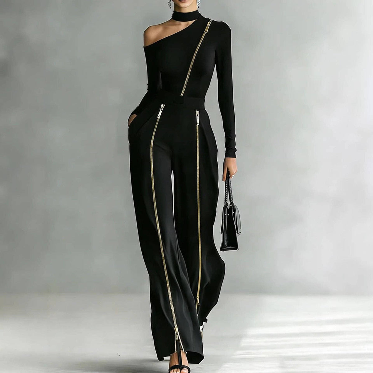Women's black off-shoulder top and double-zip pleated pant set – view 2