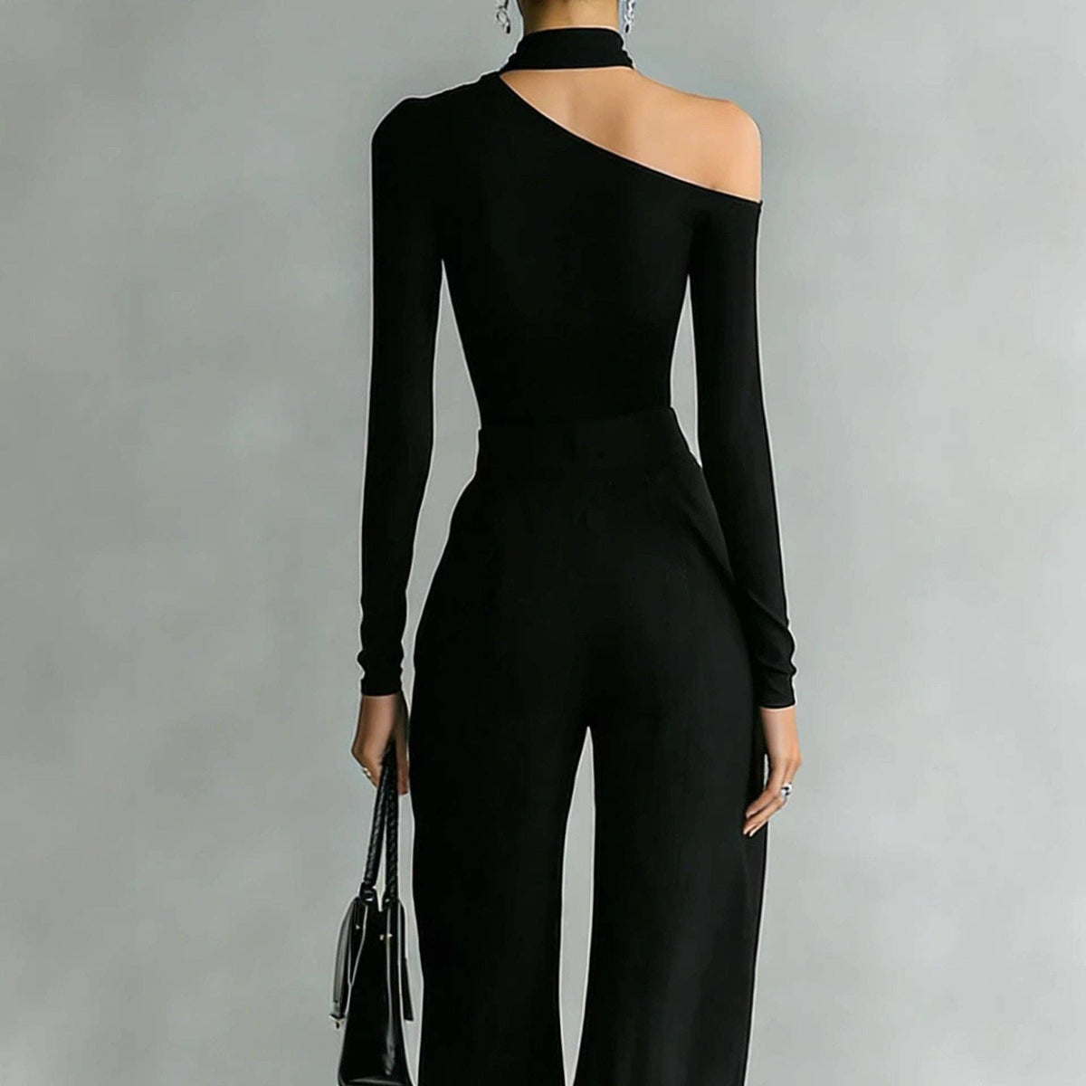 Women's black off-shoulder top and double-zip pleated pant set – view 3