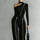 Women's black off-shoulder top and double-zip pleated pant set – view 4