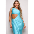 Women's aqua one-shoulder draped cutout mermaid maxi dress