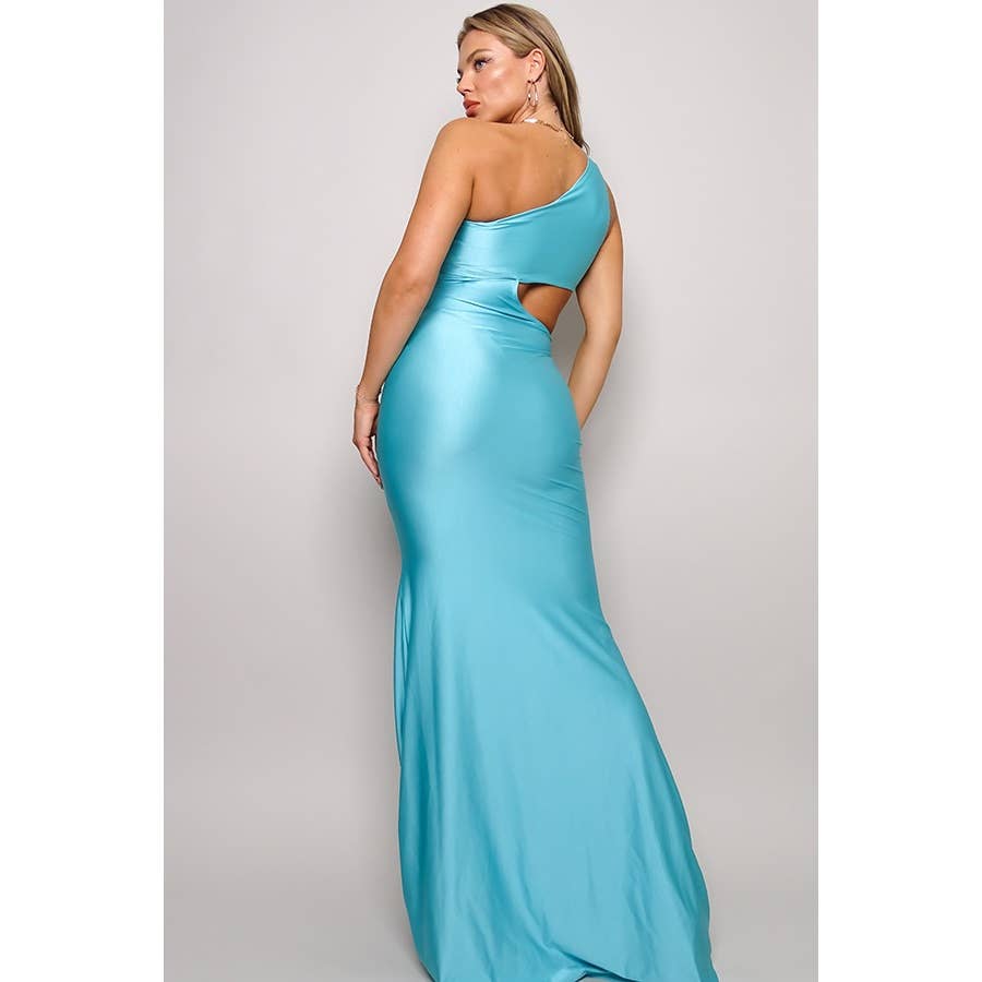 Women's aqua one-shoulder draped cutout mermaid maxi dress