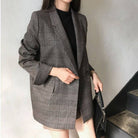 Women's oversized coffee brown checkered plaid blazer – alternate view