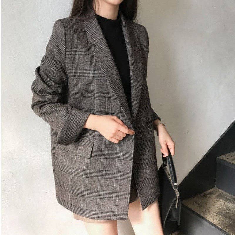 Women's oversized coffee brown checkered plaid blazer – alternate view