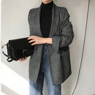 Women's oversized coffee brown checkered plaid blazer – styled view