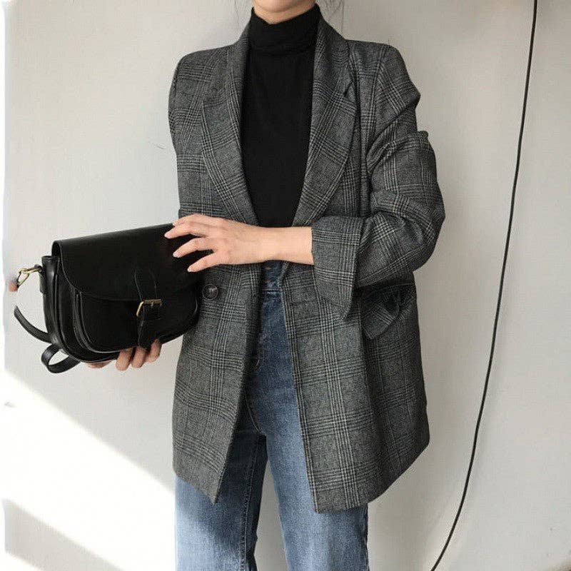 Women's oversized coffee brown checkered plaid blazer – styled view
