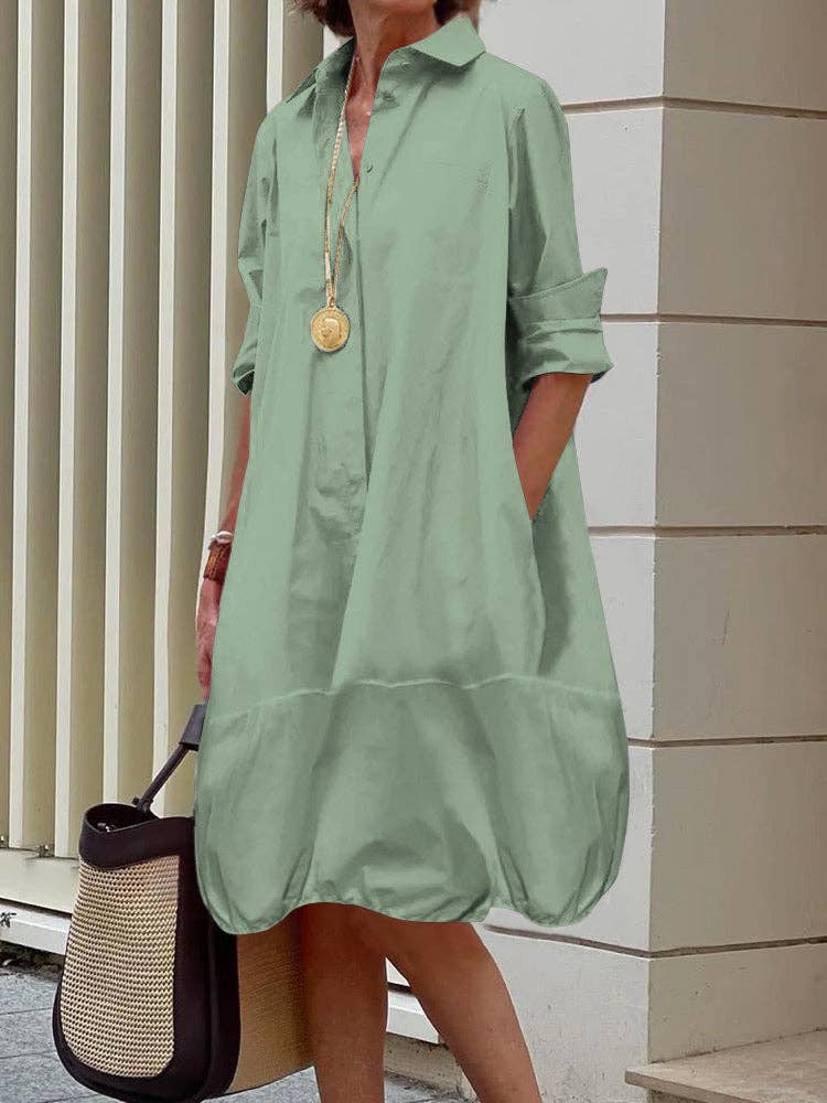 Women's oversized lapel collar long sleeve mini shirt dress in white, black, green, pea green, red or orange – styled view