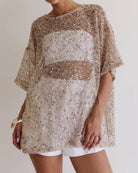Women's beige oversized shiny sequin hollow-out mesh short sleeve top