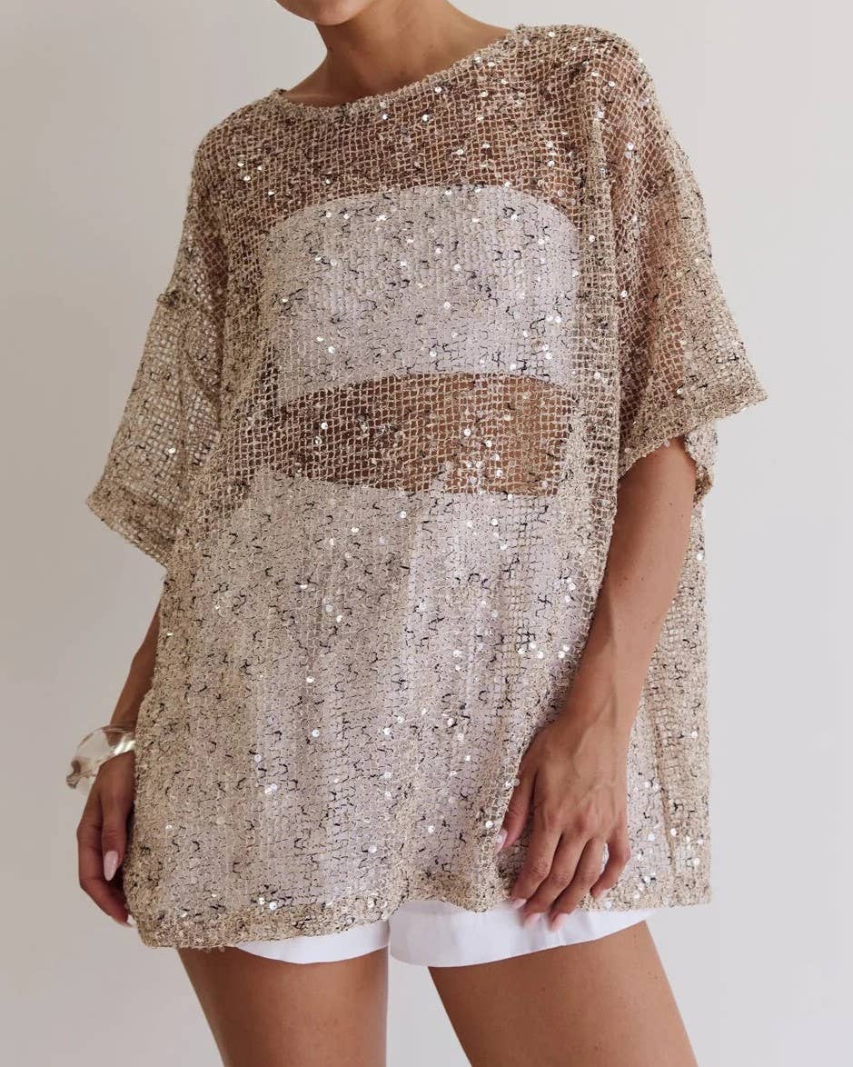 Women's beige oversized shiny sequin hollow-out mesh short sleeve top