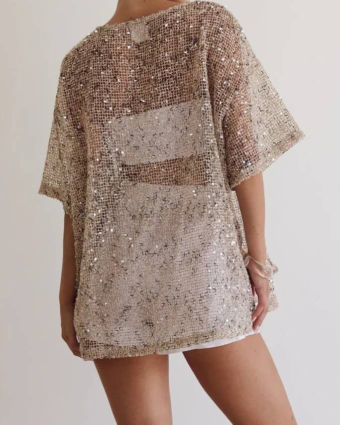 Women's beige oversized shiny sequin hollow-out mesh short sleeve top - photo 2