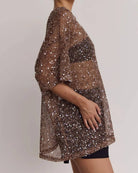 Women's beige oversized shiny sequin hollow-out mesh short sleeve top - photo 3