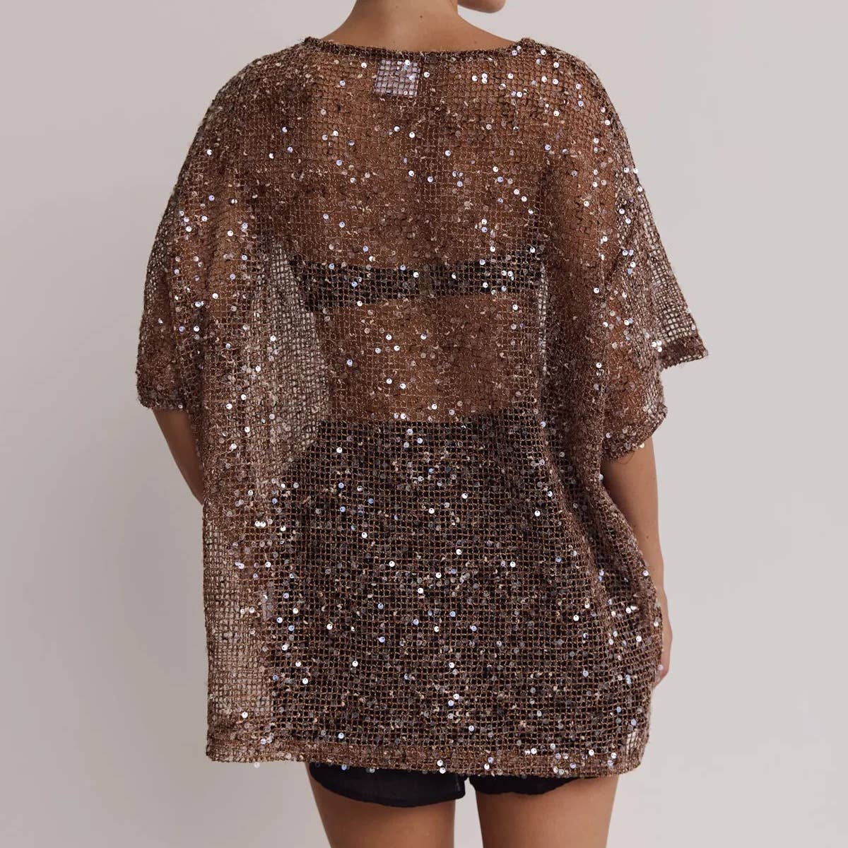 Women's beige oversized shiny sequin hollow-out mesh short sleeve top - photo 4