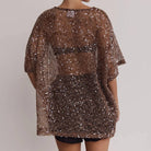 Women's beige oversized shiny sequin hollow-out mesh short sleeve top - photo 4