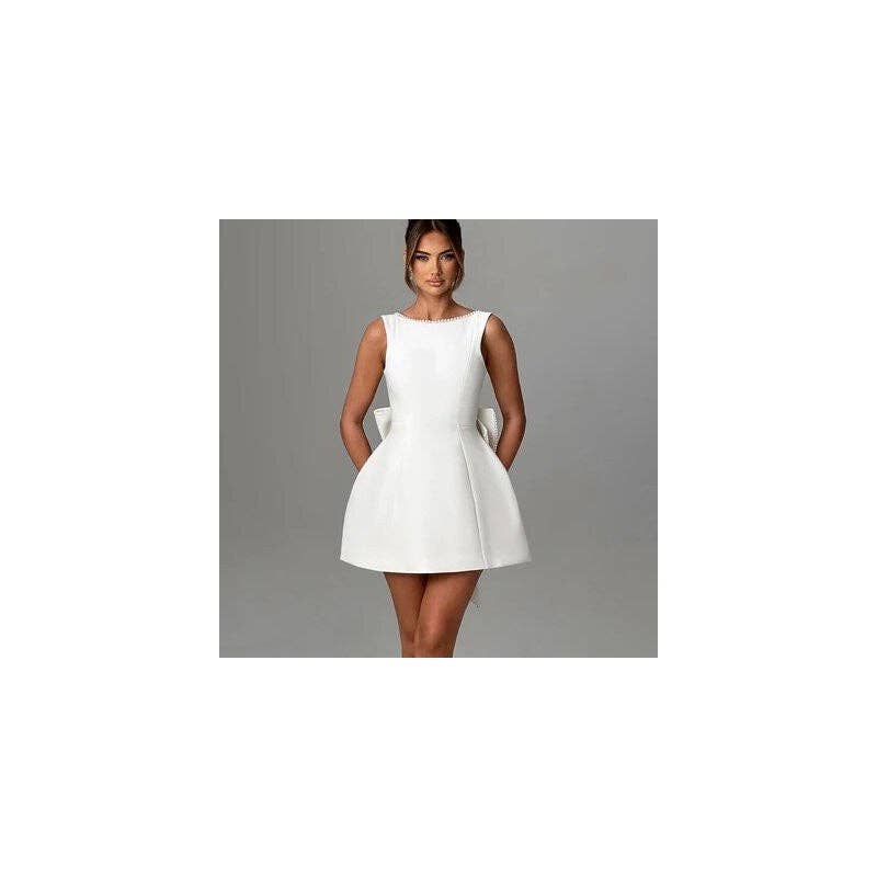 Women's white pearl beaded bow backless fitted mini dress