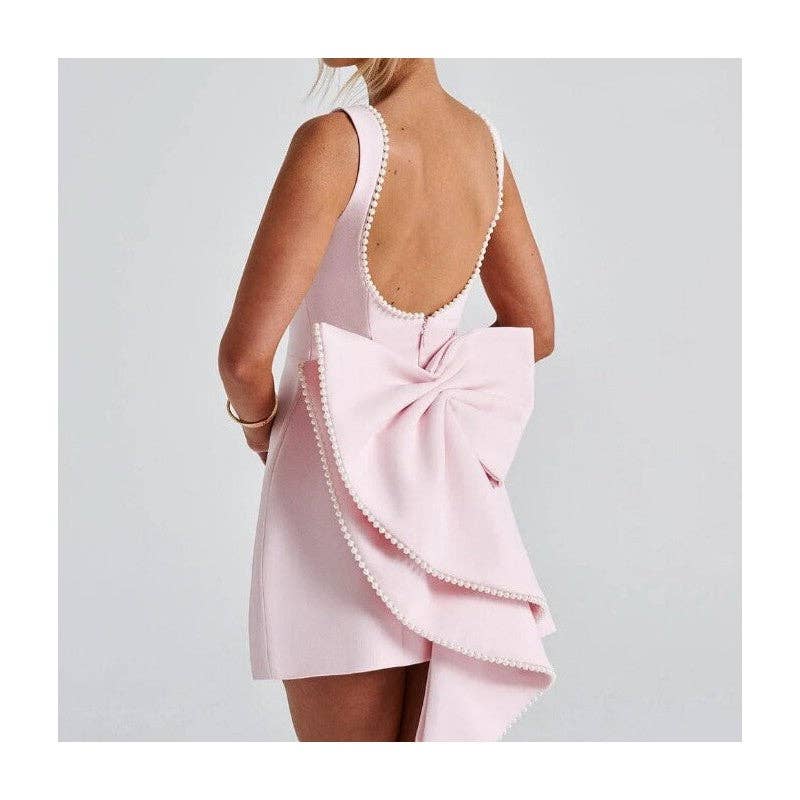 Women's white pearl beaded bow backless fitted mini dress – detail view