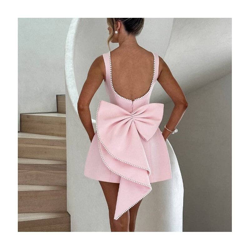 Women's white pearl beaded bow backless fitted mini dress – styled view