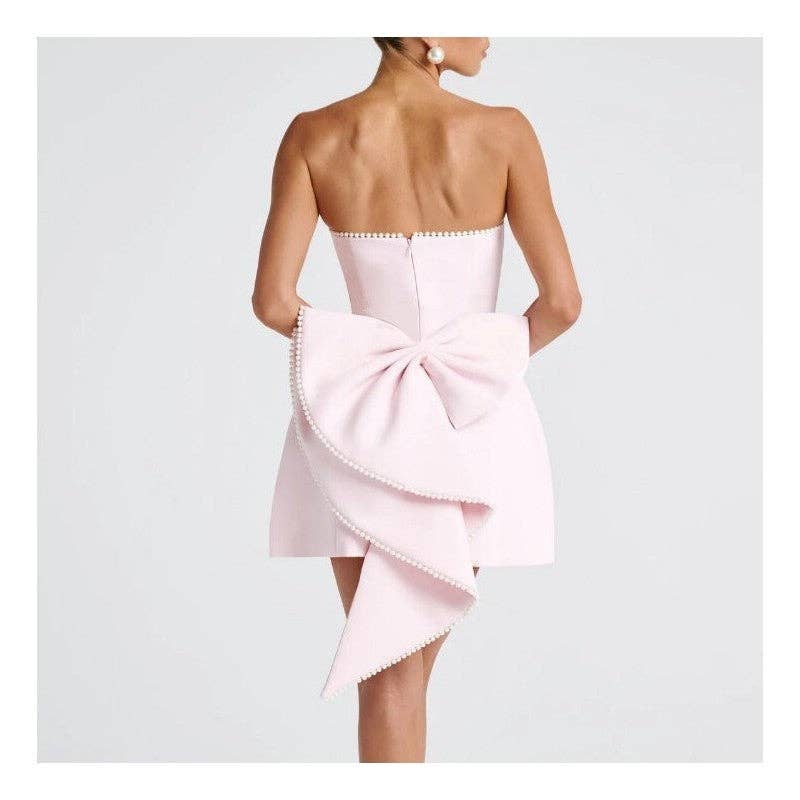 Women's pink pearl bow strapless fitted mini dress – detail view