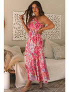 Women's Pink Abstract Floral One-Shoulder Maxi Dress - view 3