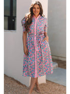 Women's Pink Floral Puff Sleeve Sash-Tie Midi Dress - front view