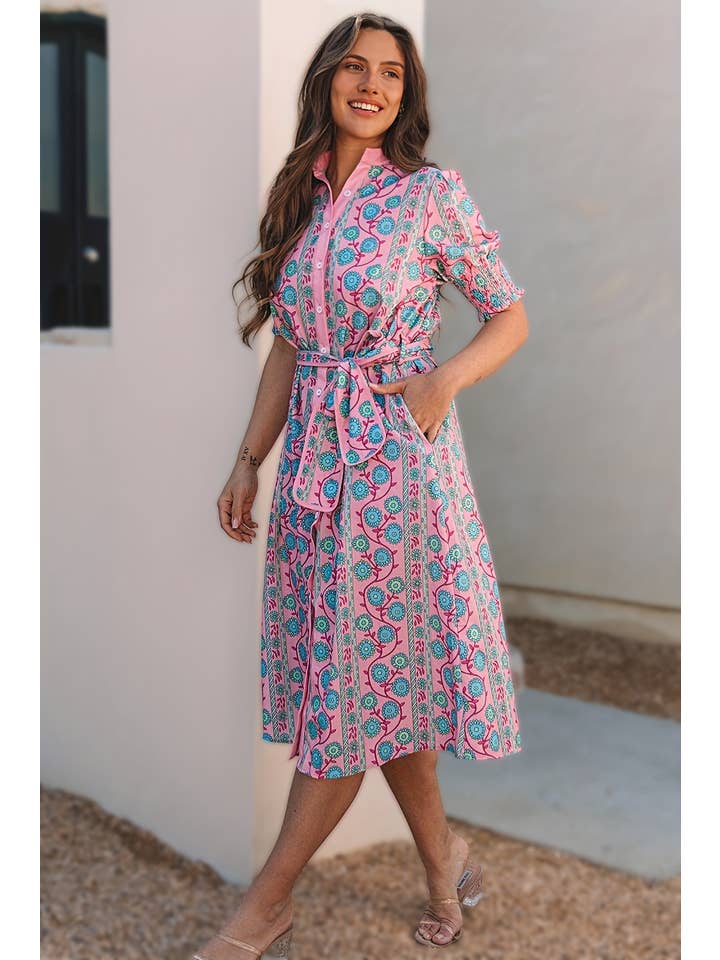Women's Pink Floral Puff Sleeve Sash-Tie Midi Dress - view 2